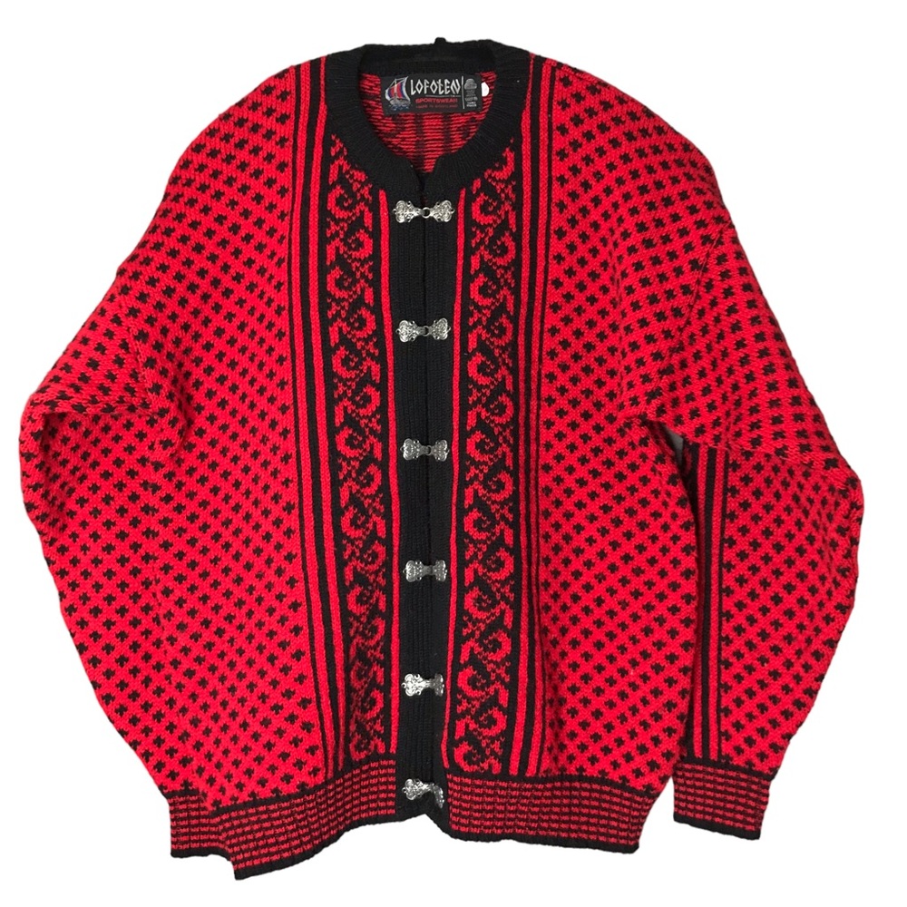 MED Lofoten Made in Scotland Scottish Wool Fair Isle Cardigan Nordic Red Black